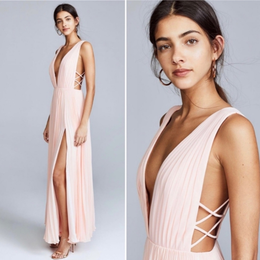 NWT Fame & Partners Allegra Dress Pink Pleated Deep V Side StrapS Maxi Slit 0